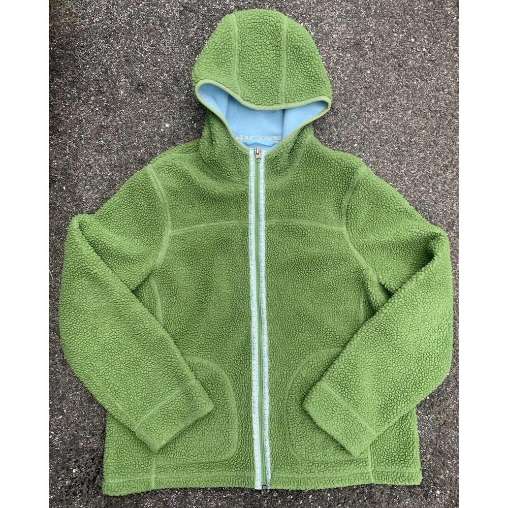 Women’s LL Bean Deep Pile Hooded Fleece Jacket Floral Trim Green Sz Large